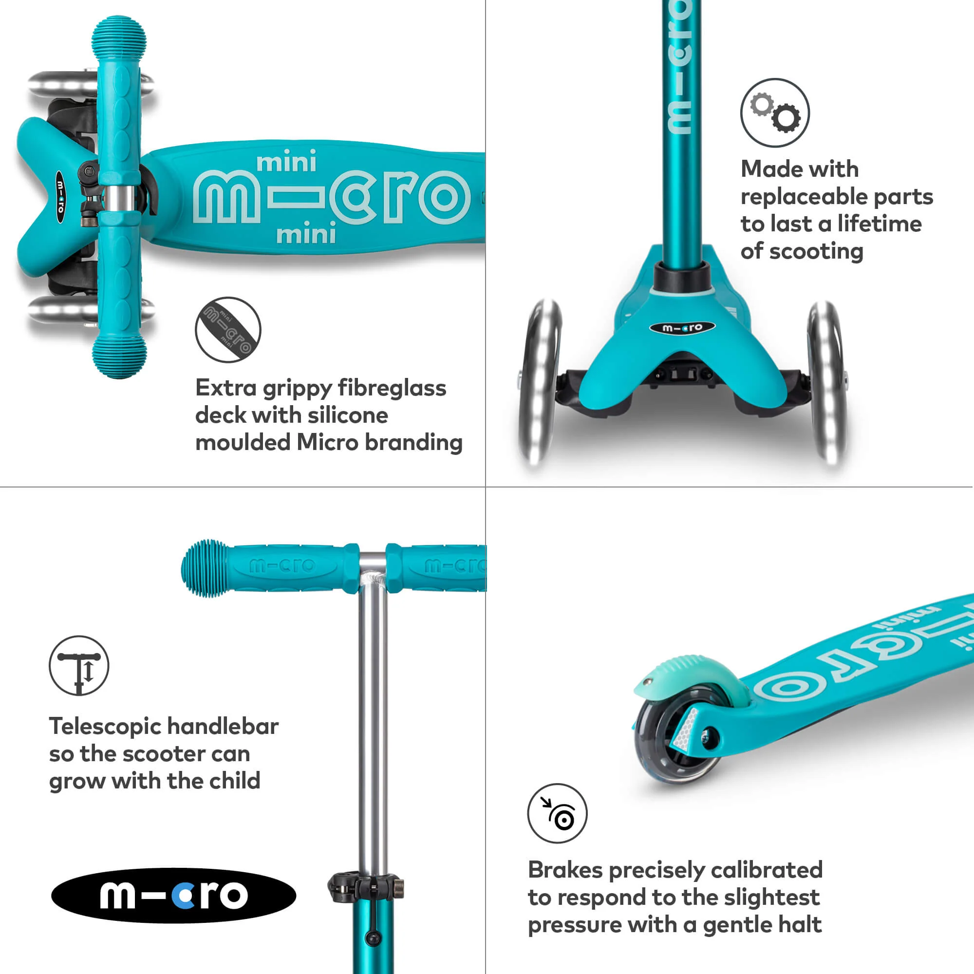 Mini Micro Deluxe Scooter with 3 LED Wheels (Aqua) - Image 3