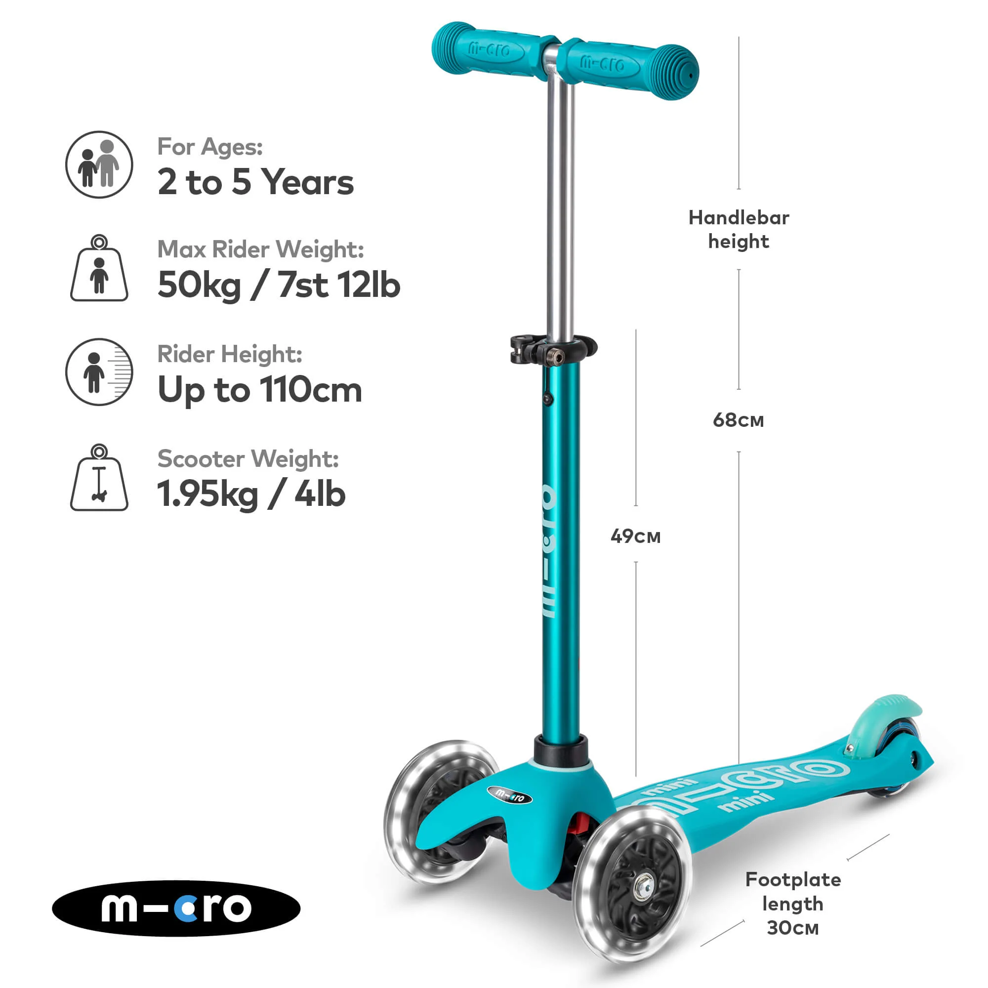 Mini Micro Deluxe Scooter with 3 LED Wheels (Aqua) - Image 7