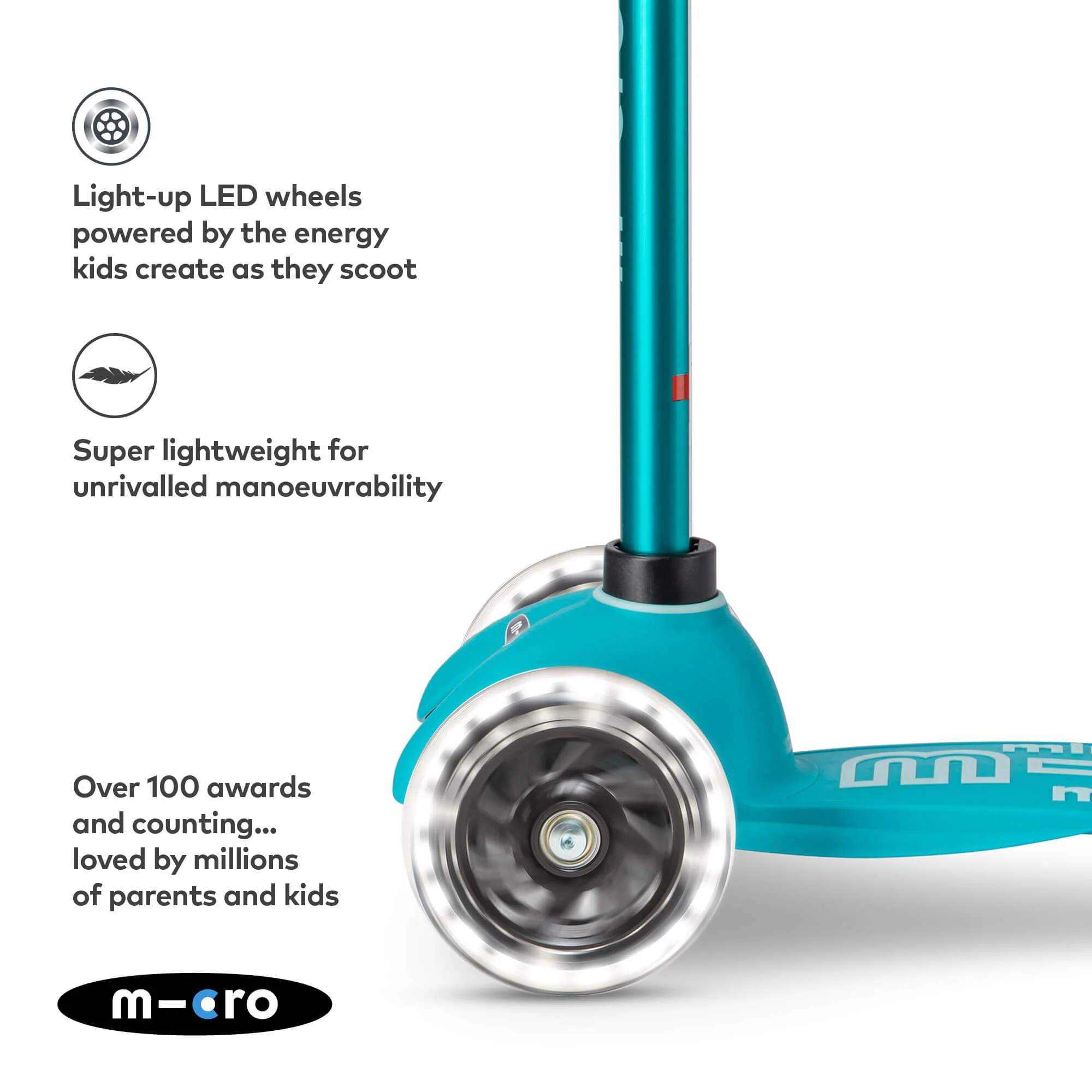Mini Micro Deluxe Scooter with 3 LED Wheels (Aqua) - Image 8