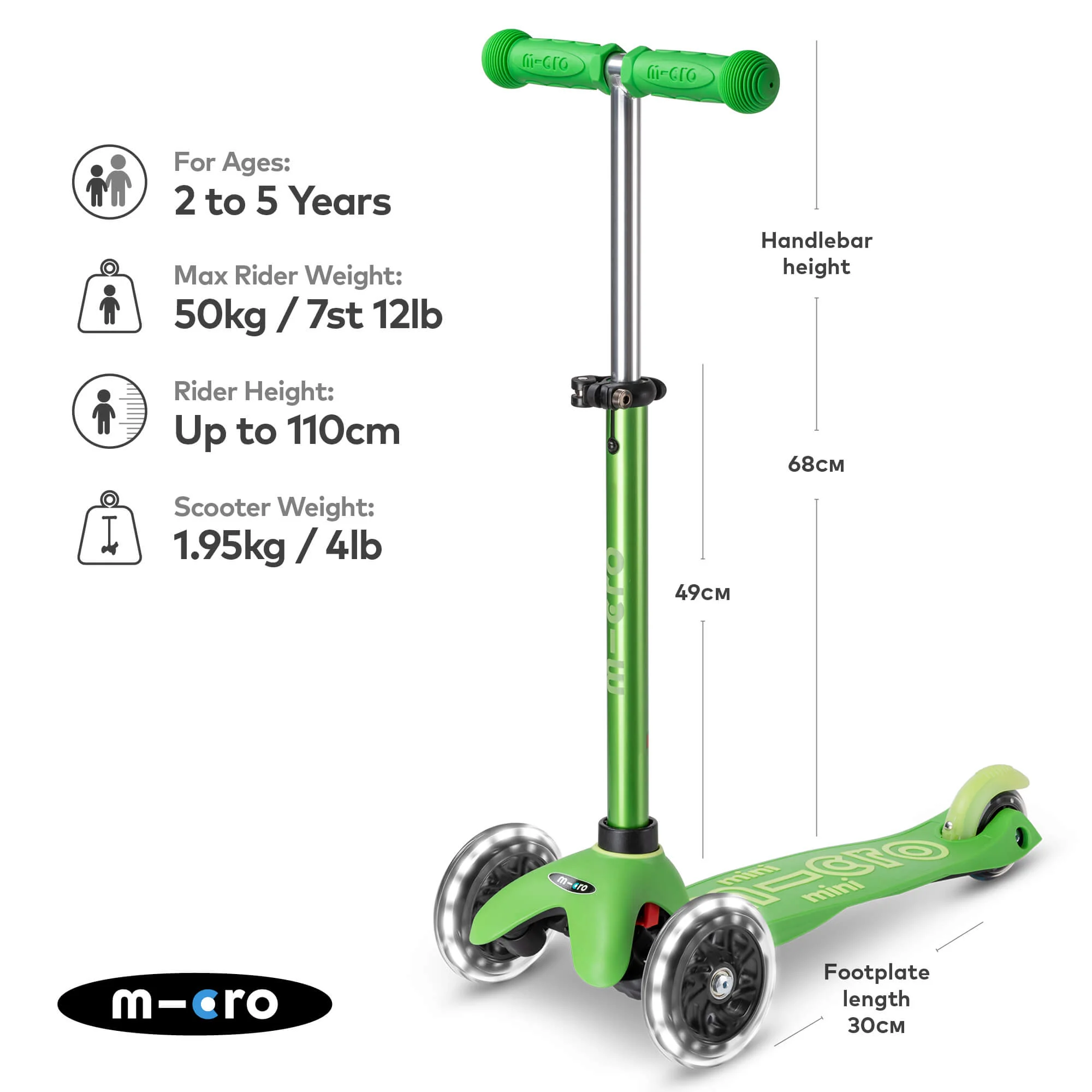 Mini Micro Deluxe Scooter with 3 LED Wheels (Green) - Image 3