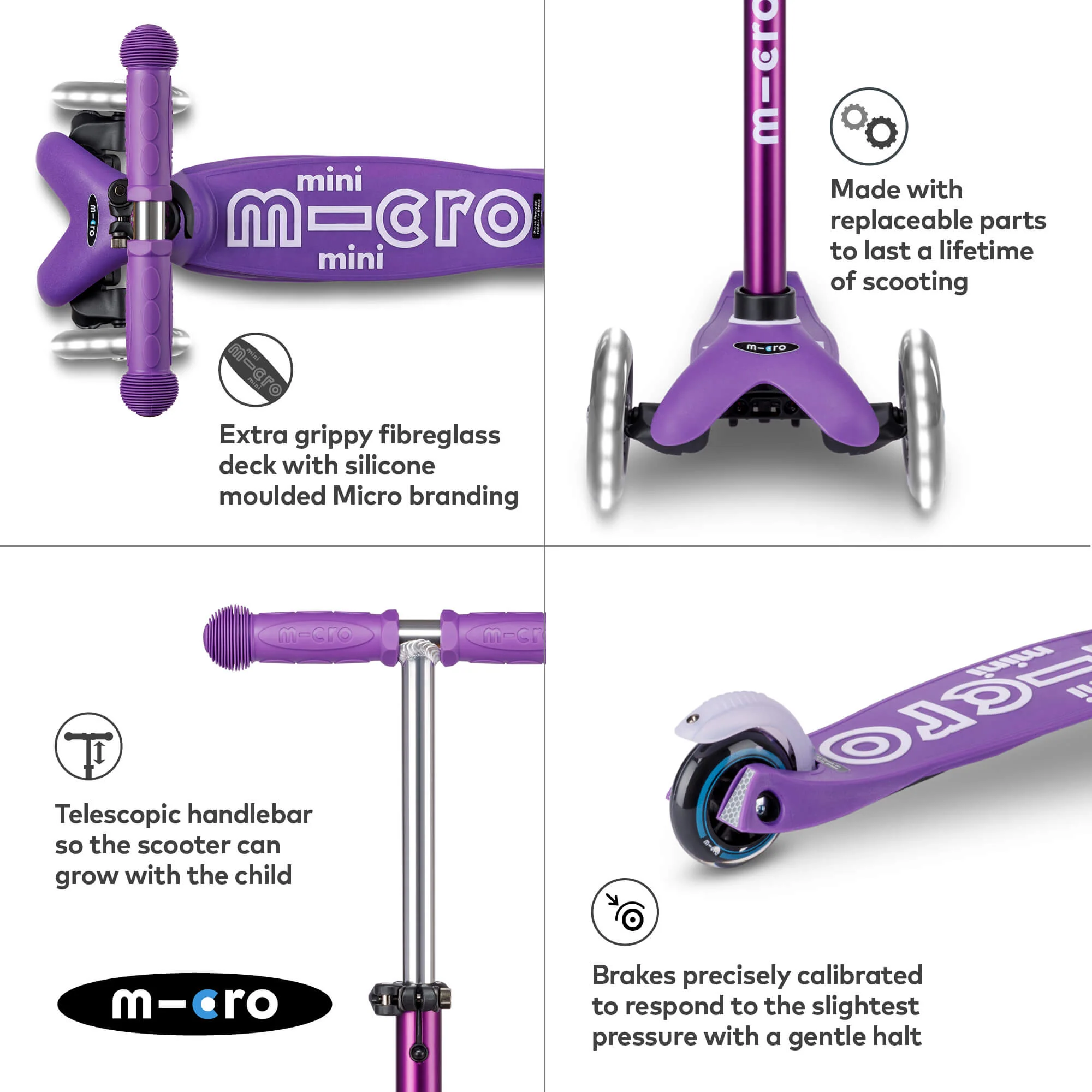 Mini Micro Deluxe Scooter with 3 LED Wheels (Purple) - Image 3