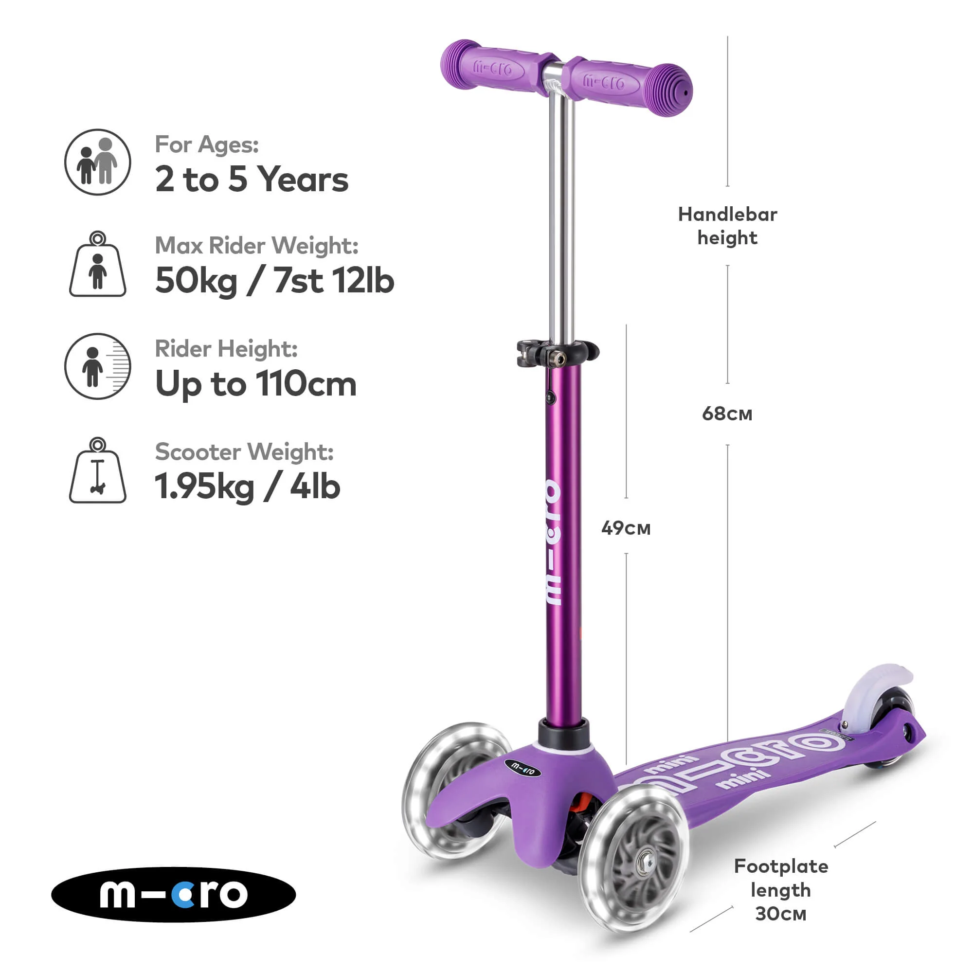 Mini Micro Deluxe Scooter with 3 LED Wheels (Purple) - Image 7