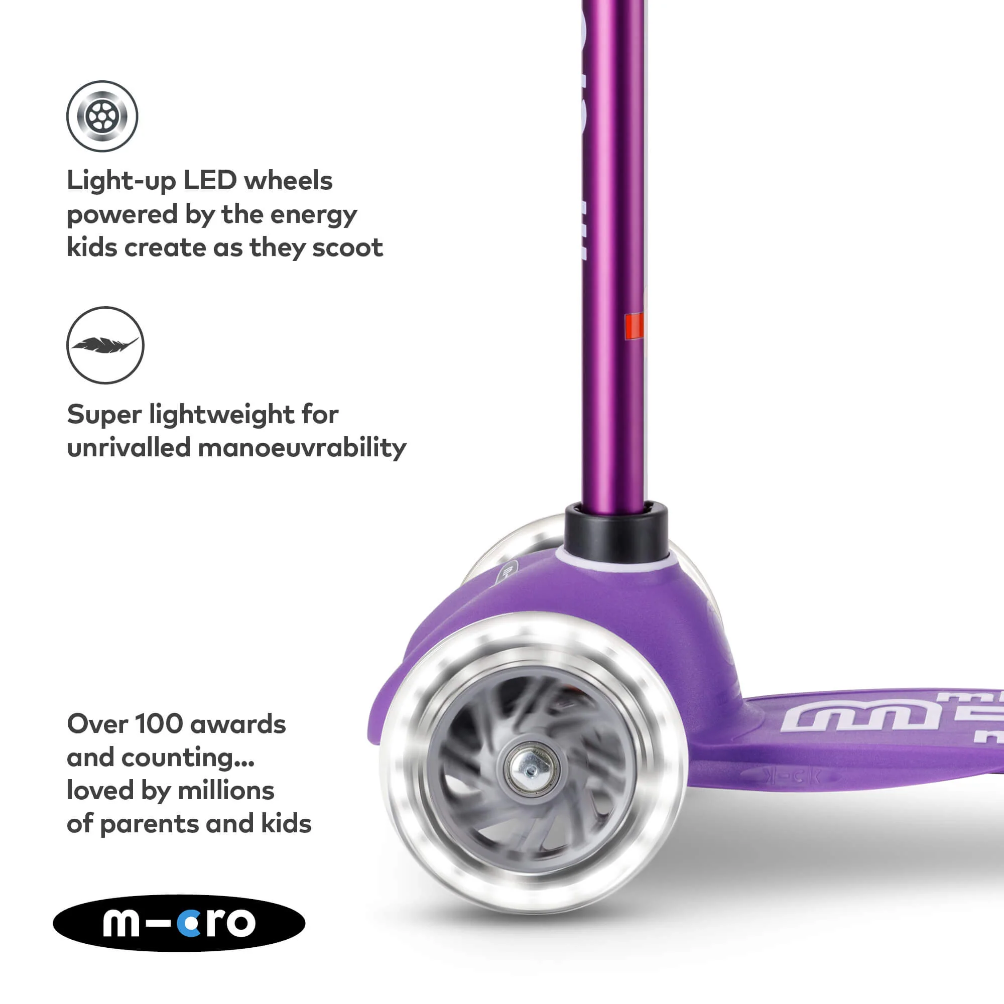 Mini Micro Deluxe Scooter with 3 LED Wheels (Purple) - Image 8