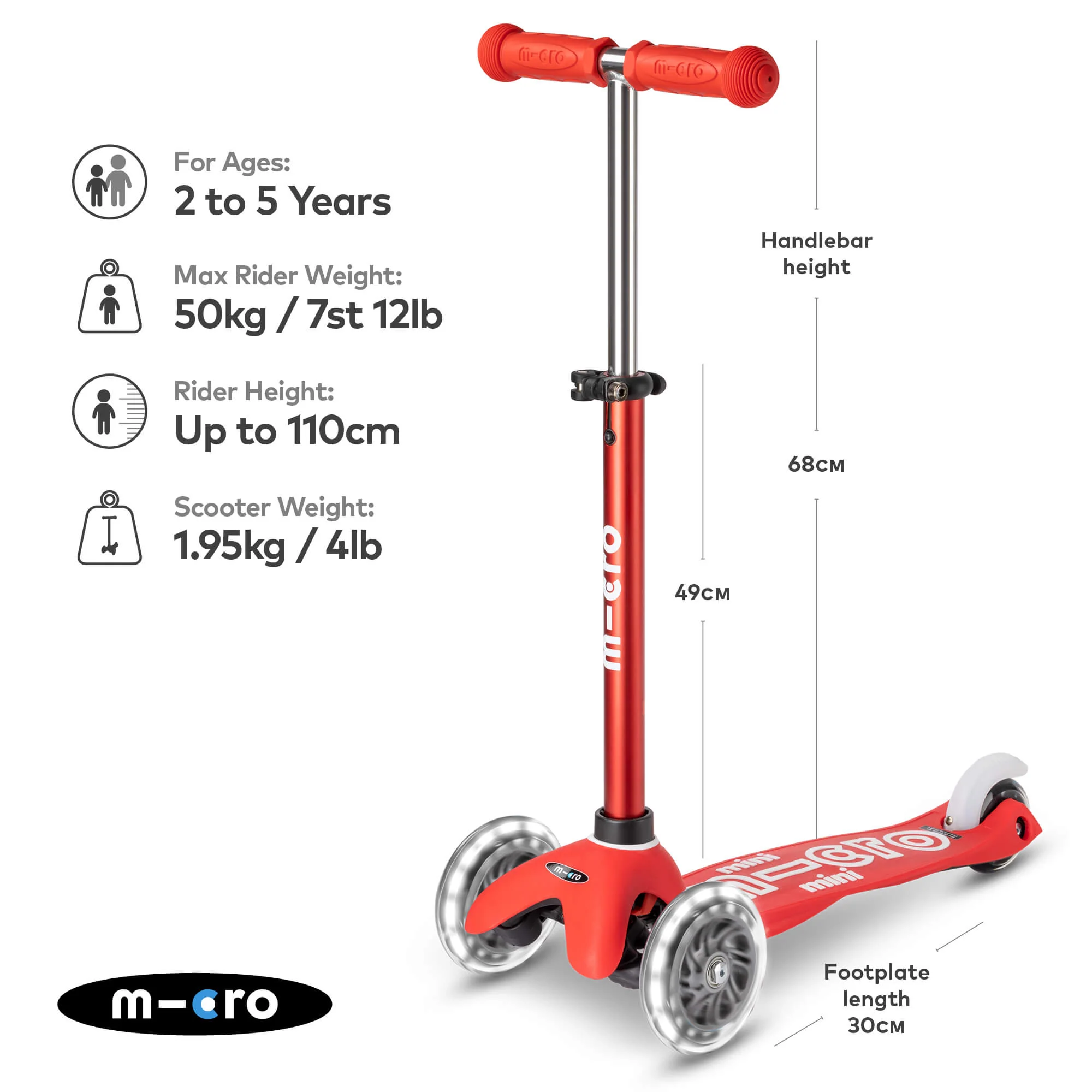 Mini Micro Deluxe Scooter with 3 LED Wheels (Red) - Image 7