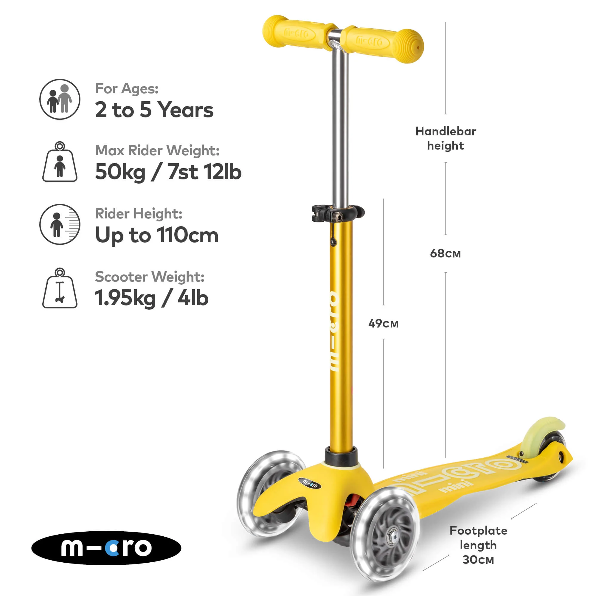Mini Micro Deluxe Scooter with 3 LED Wheels (Yellow) - Image 3