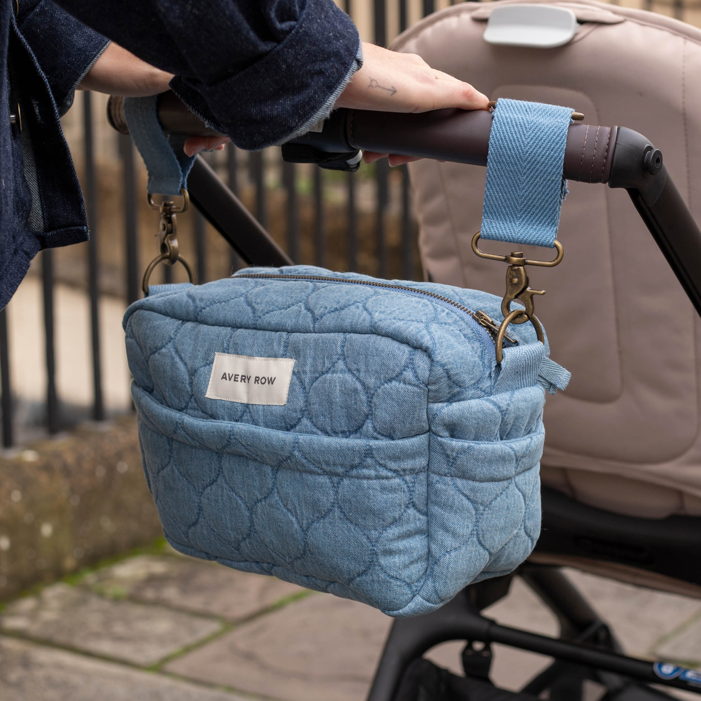 Quilted Cotton Pram Organiser Cross-Body Bag (Denim)
