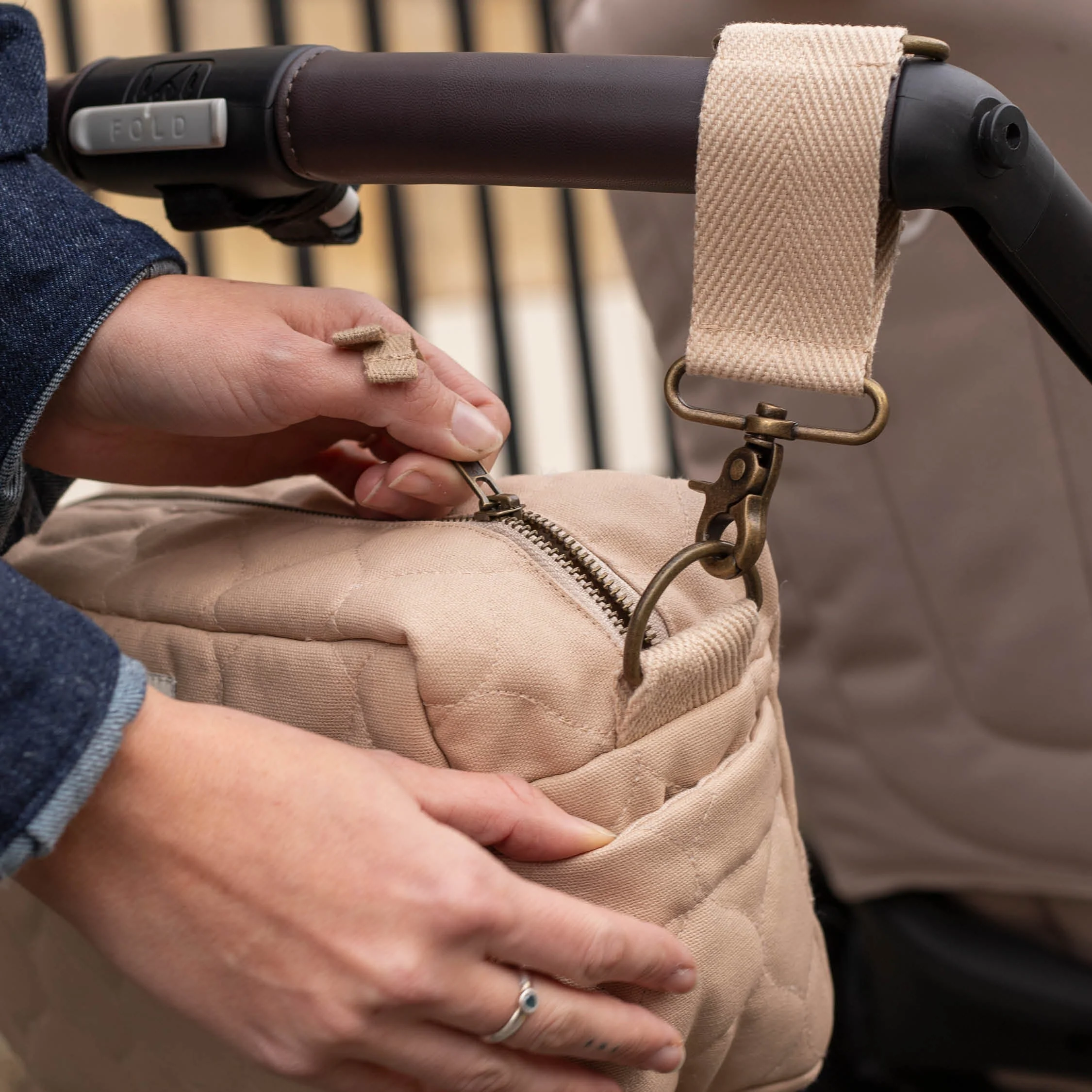 Quilted Cotton Pram Organiser Cross-Body Bag (Natural) - Image 8