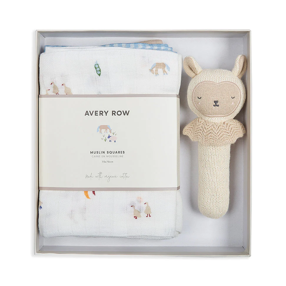 Rattle & Organic Cotton Muslin New Baby Gift Set (Little Farm) - Image 4