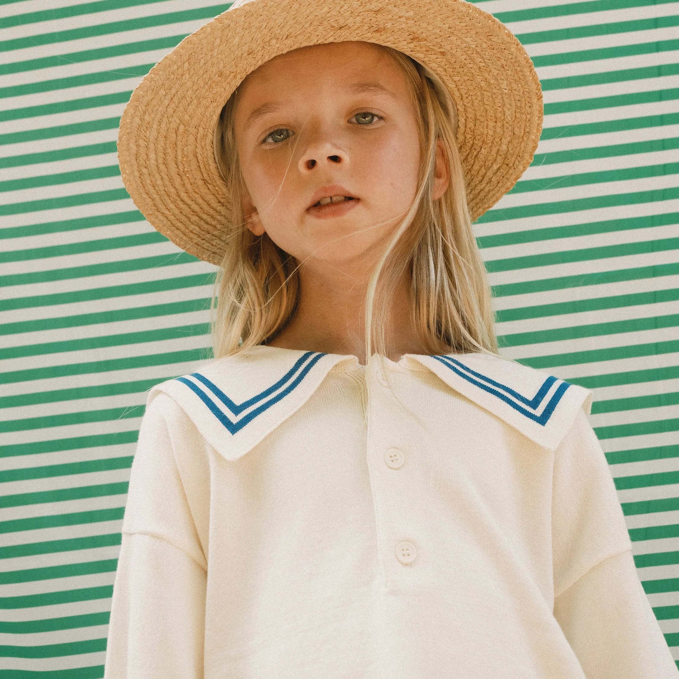 Sailor Collar Striped Cotton Cardigan (Off-White) - Image 2