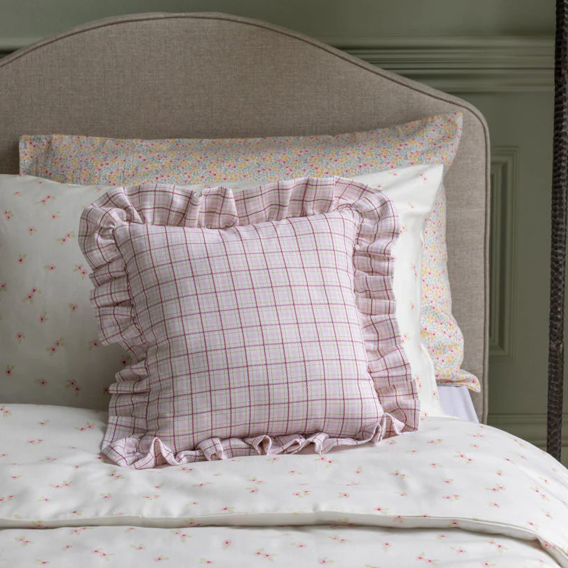 Square Linen Embroidered Frill Cushion (Pink Check) - Image 2