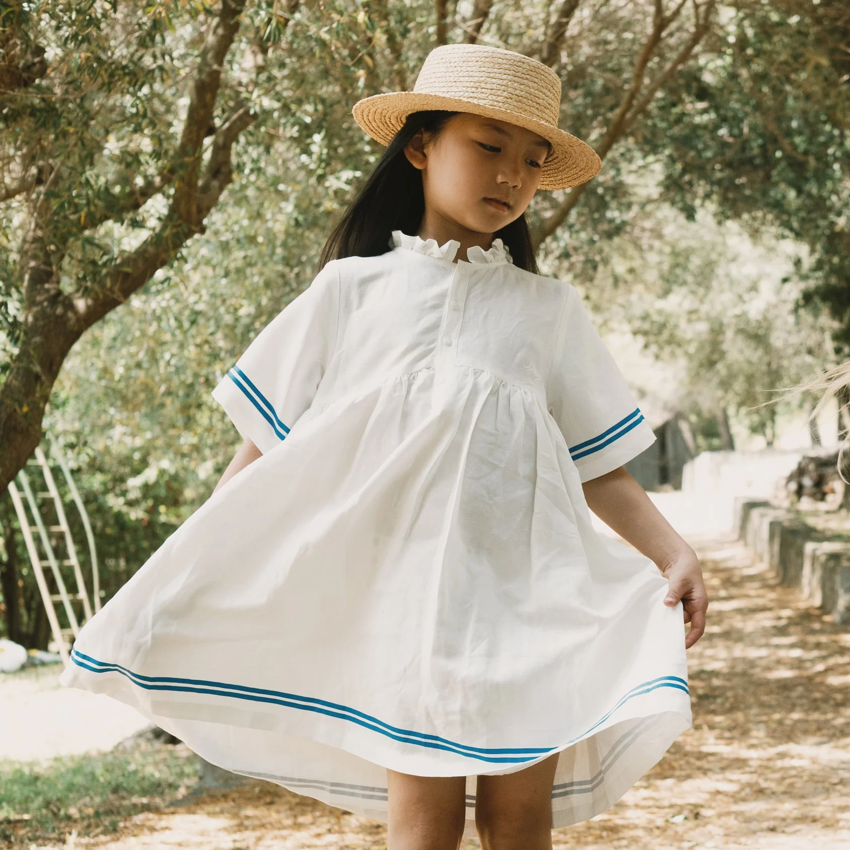 Stripes Frilled Cotton Dress (Off-White) - Image 2
