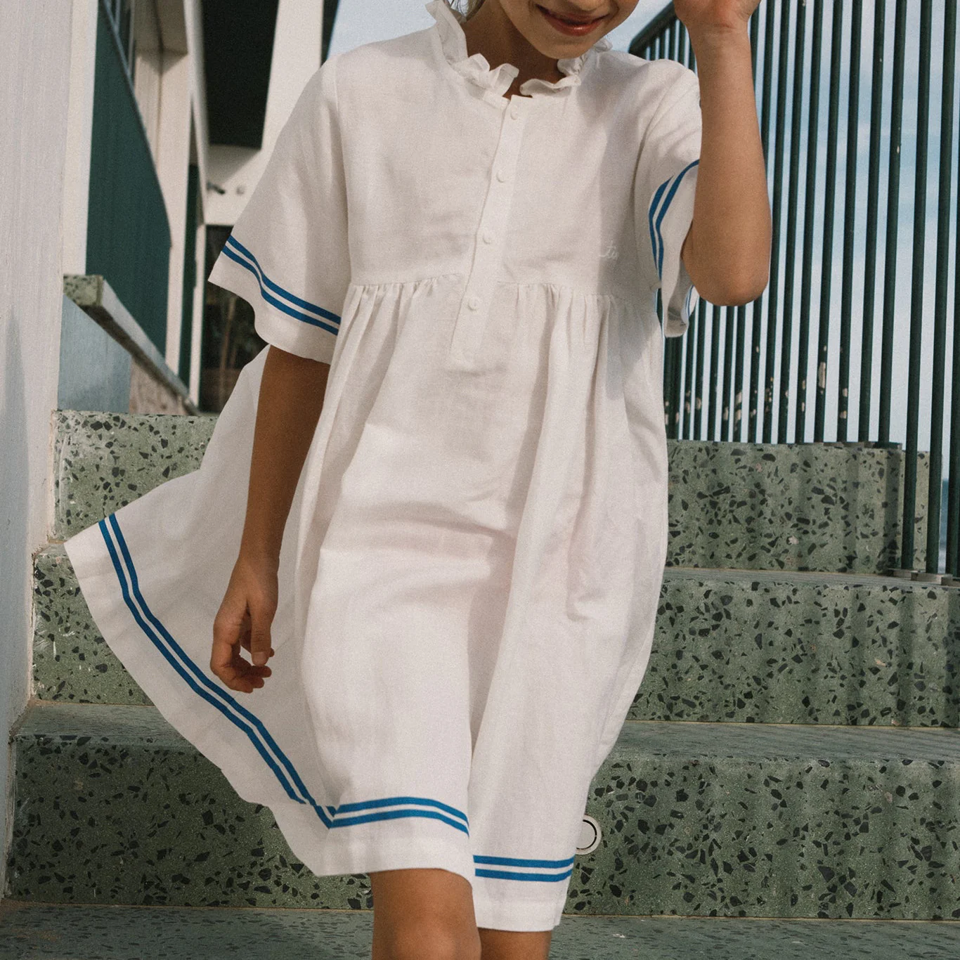 Stripes Frilled Cotton Dress (Off-White) - Image 6