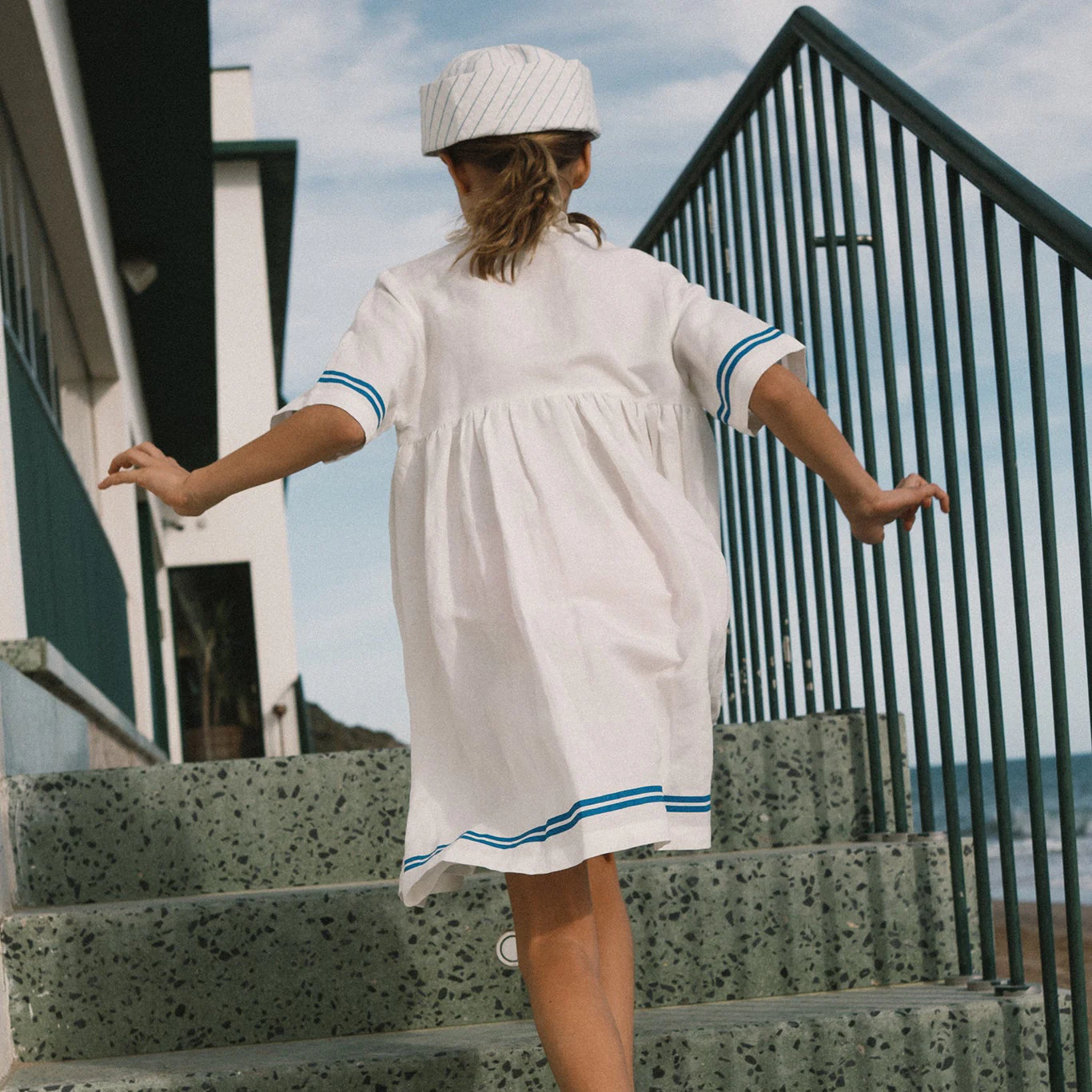 Stripes Frilled Cotton Dress (Off-White) - Image 7