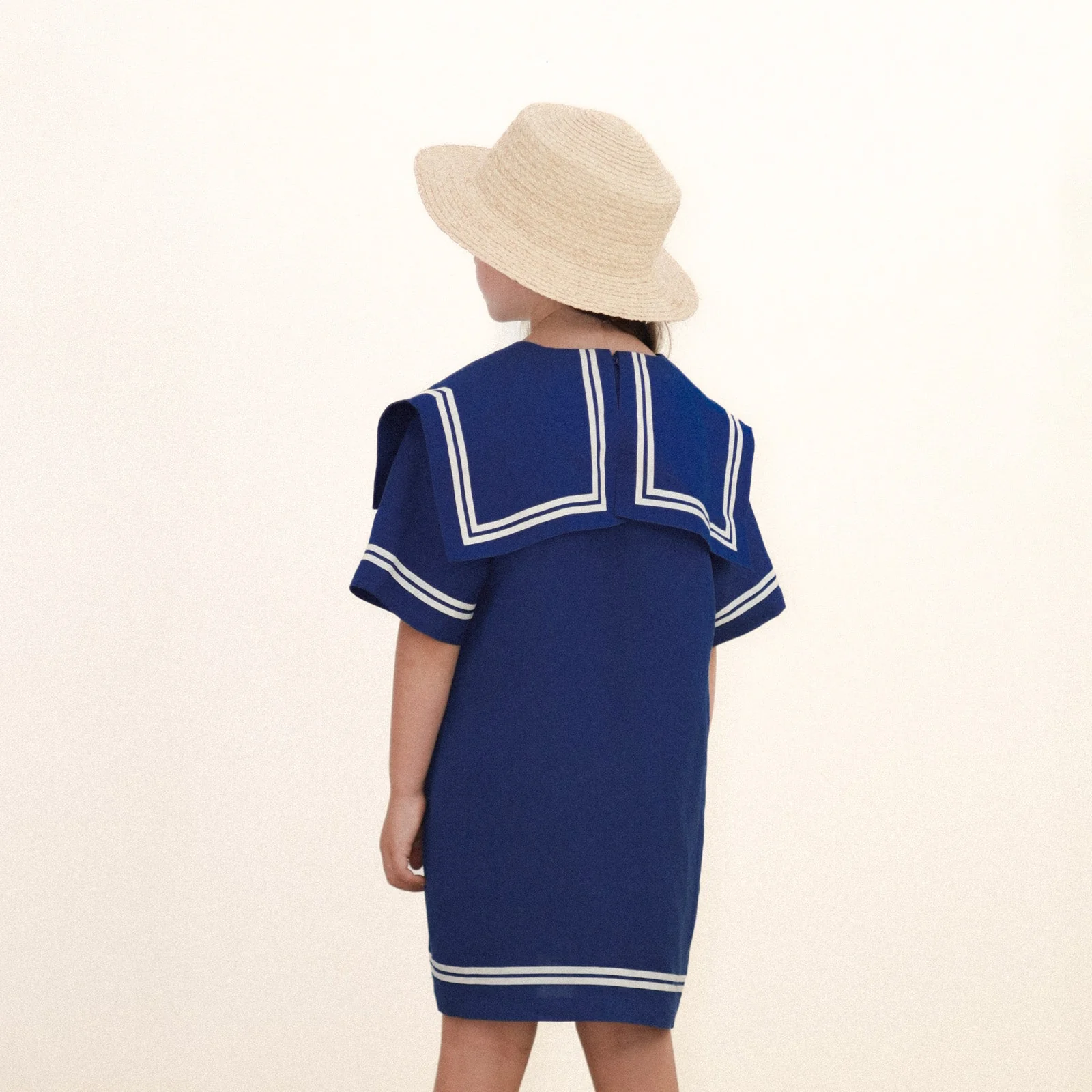 Stripes Sailor Collared Cotton Dress (Light Navy) - Image 3