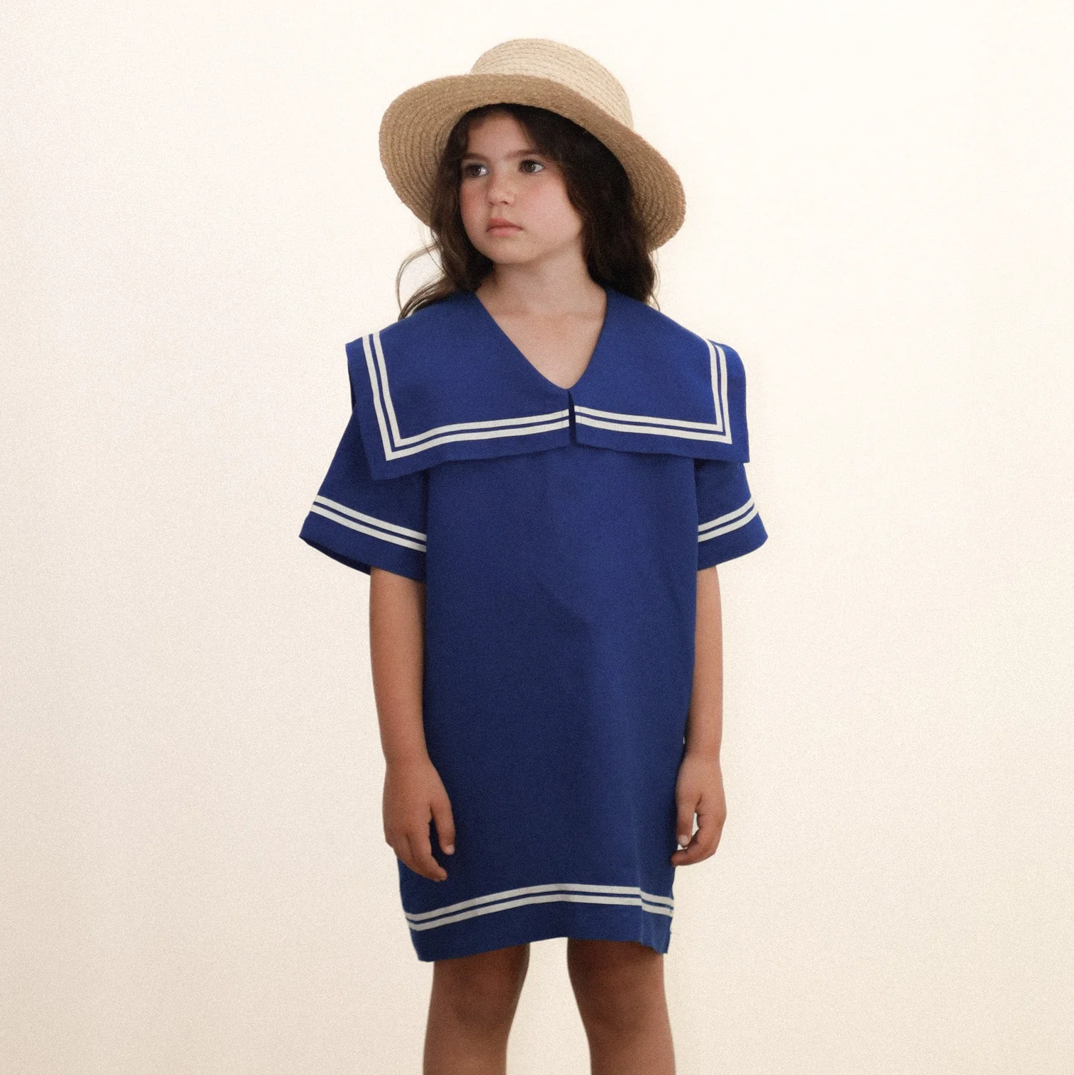 Stripes Sailor Collared Cotton Dress (Light Navy) - Image 4