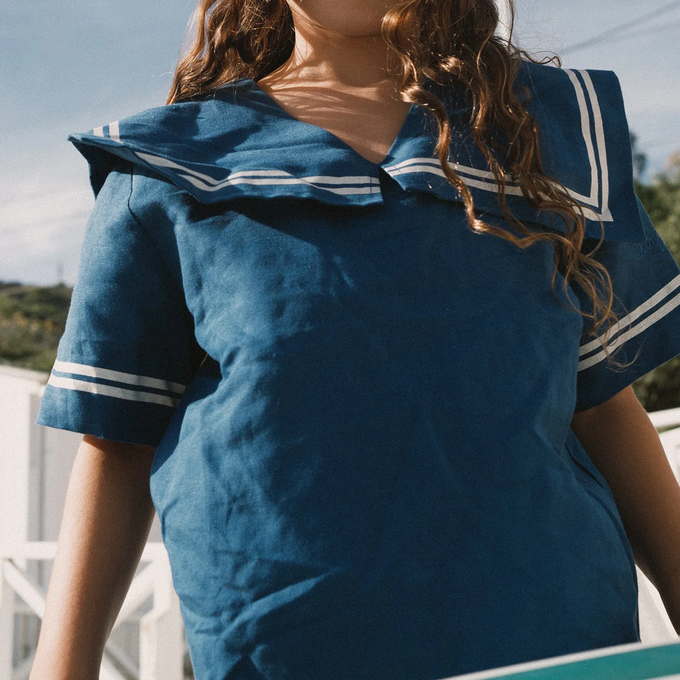 Stripes Sailor Collared Cotton Dress (Light Navy) - Image 7