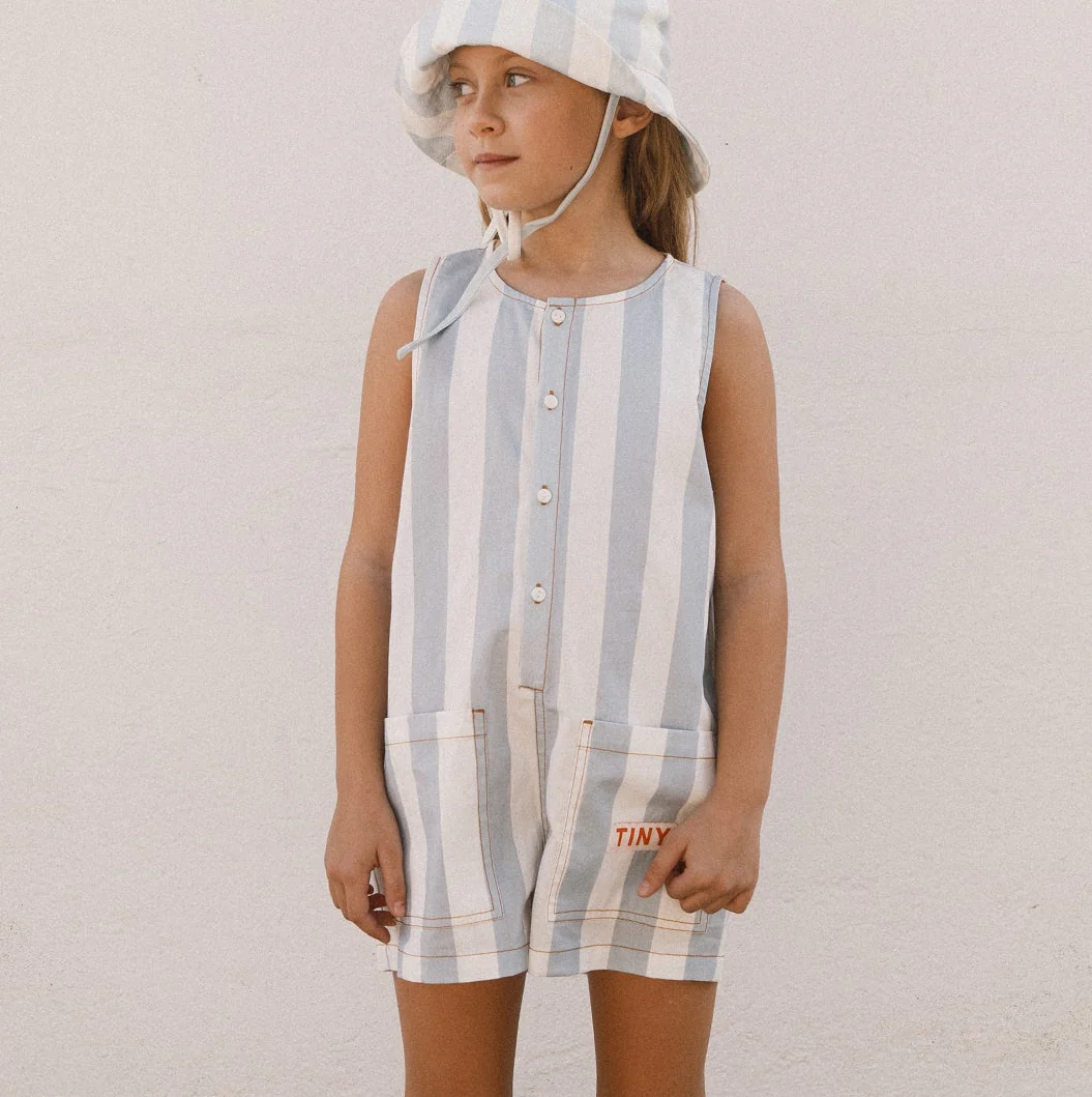 Stripes Sleeveless Cotton Twill Shorts One Piece (Washed Blue) - Image 2