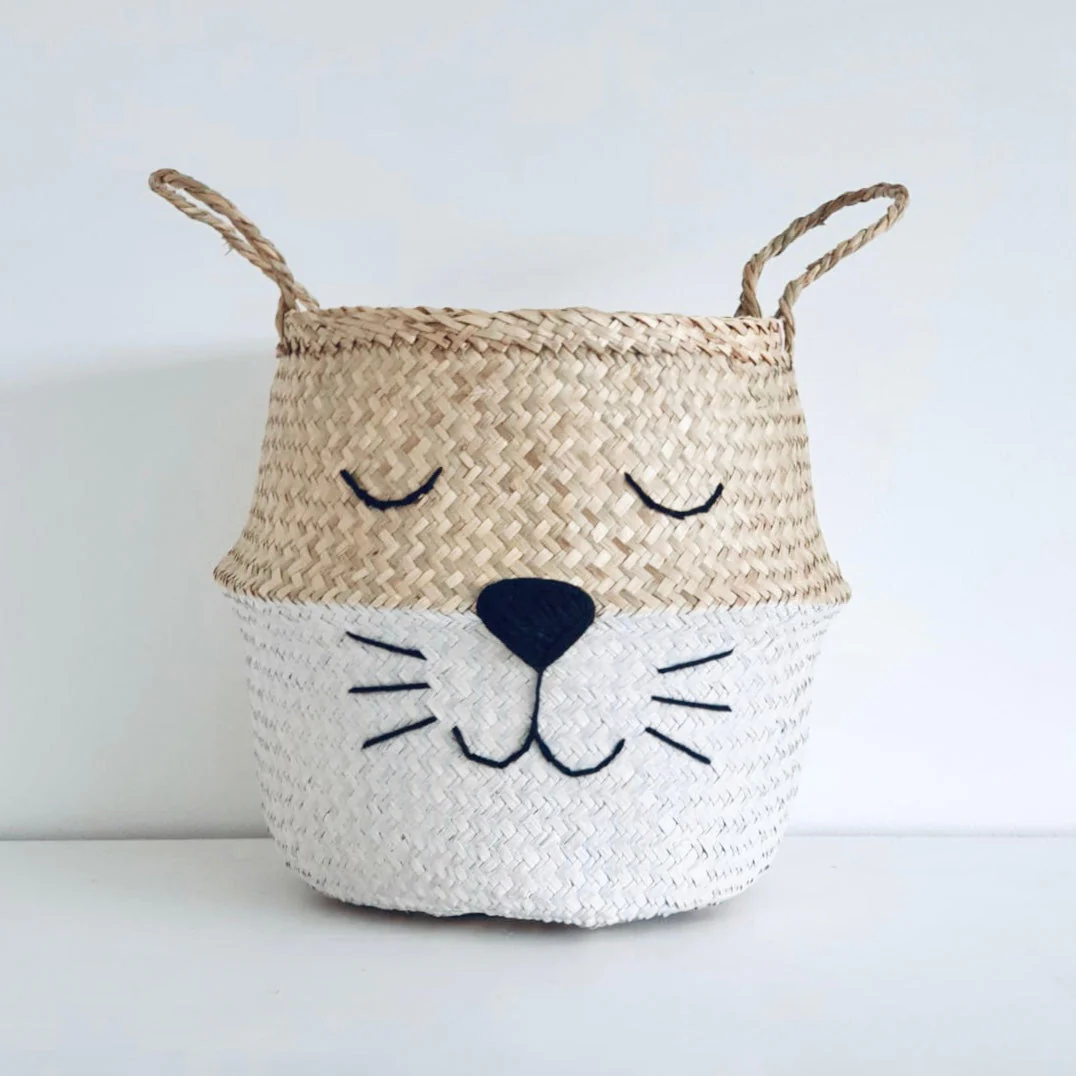 White Cat Handwoven Storage Basket (Large)
